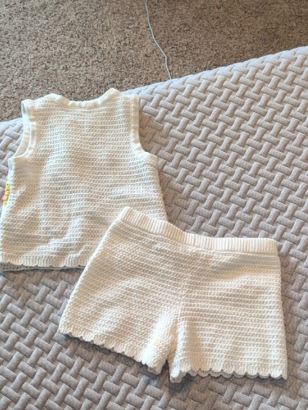 Girls Cream Crochet Tank Top & Shorts Set with Multicolor Sunburst Accents
